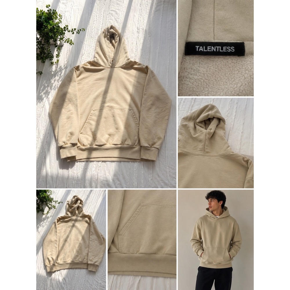 Talentless Mens Premium Hoodie Bone Beige Heavy Cotton Fleece Sweatshirt Large